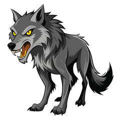 A gray wolf with bared teeth and piercing yellow eyes stands growling a white background