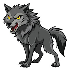 A gray wolf with bared teeth and piercing yellow eyes stands growling a white background