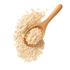 Raw rolled oats in wooden spoon, top view, perfect for breakfast or baking, isolated on transparent background