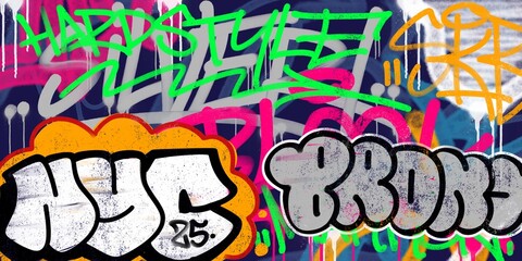Overlapping graffiti text in bold street art style. Colorful layered urban background with spray paint texture, vibrant energy, and raw artistic expression. Perfect for edgy design projects.
