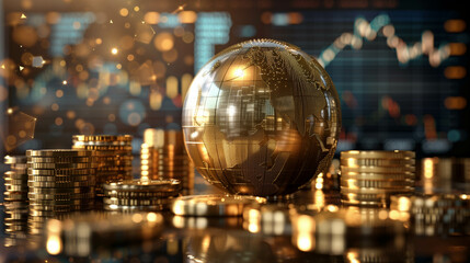 Golden globe and stacked coins with stock market chart representing global finance and economy