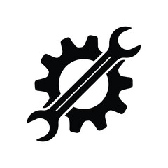 Simple black and white illustration of a gear and wrench representing repair and engineering