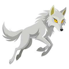 A light-colored wolf with yellow eyes is captured mid-leap a white background
