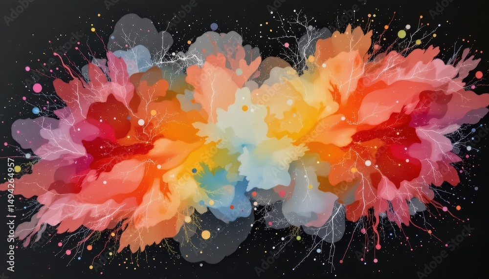 Wall mural vibrant abstract watercolor artwork with splashes of color and dynamic patterns on black background