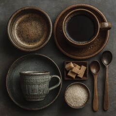 Coffee Composition with Cups, Sugar, and Spoons