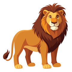 A majestic male lion with a golden and dark brown mane stands proudly, looking off to the side
 a white background