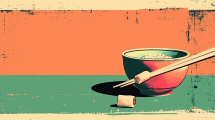 A stylized bowl of rice with chopsticks and a sushi piece, evoking Asian culinary culture.