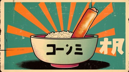 A stylized bowl of rice with a sausage, featuring bold graphics and vibrant colors.