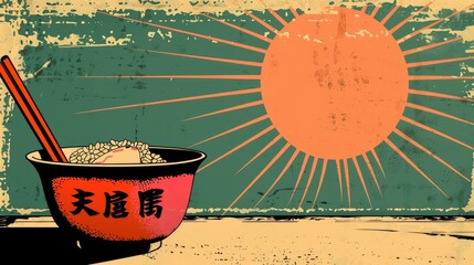 A stylized bowl of rice with chopsticks against a sunburst background.