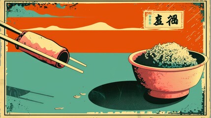 A stylized illustration featuring chopsticks reaching for a bowl of rice against a colorful backdrop.