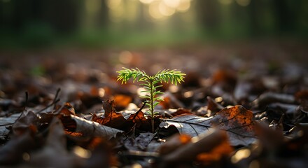 Small Pine Sapling Growing Among Autumn Leaves in Forest