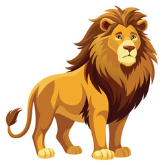 A majestic male lion with a golden and dark brown mane stands proudly, looking off to the side
 a white background