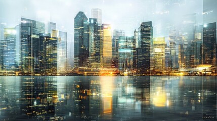 Obraz premium Modern Urban Skyline with Reflections in Calm Water at Dusk