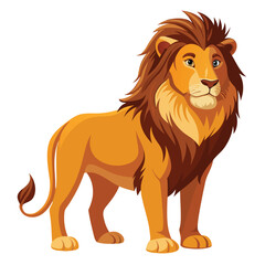 A majestic male lion with a golden and dark brown mane stands proudly, looking off to the side
 a white background