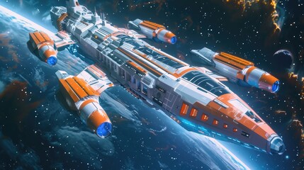 A futuristic spaceship navigating through space with vibrant colors and detailed design.