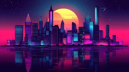 Fototapeta premium Vibrant Retro City Skyline at Sunset with Reflective Water Surface