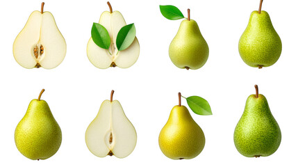 Fresh green and yellow pears, sliced and whole, with leaves, transparency background, showcasing ripe fruit and natural colors