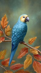 Obraz premium A vibrant illustration of a parrot perched on a branch with colorful autumn leaves set against a softly textured background.