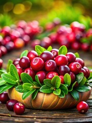 Fresh organic cranberries with lush green leaf foliage forming a natural crown on top in a bright and colorful close-up shot