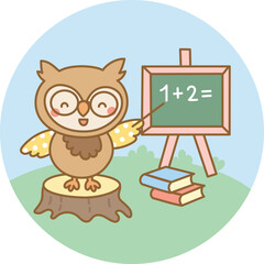 Wise owl teaching math with chalkboard and books in a peaceful summer learning setting