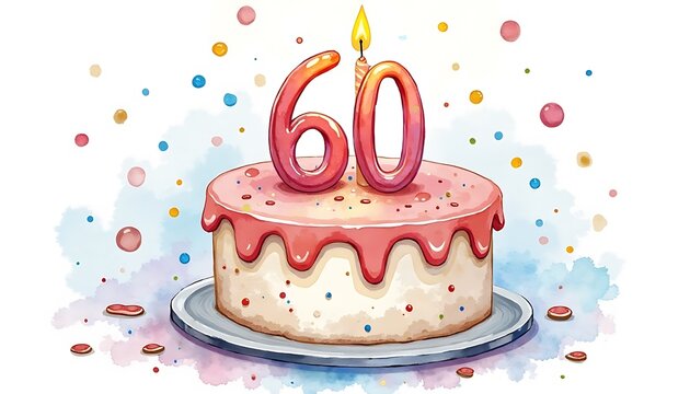 Sixtieth Birthday Cake with Candle and Colorful Sprinkles