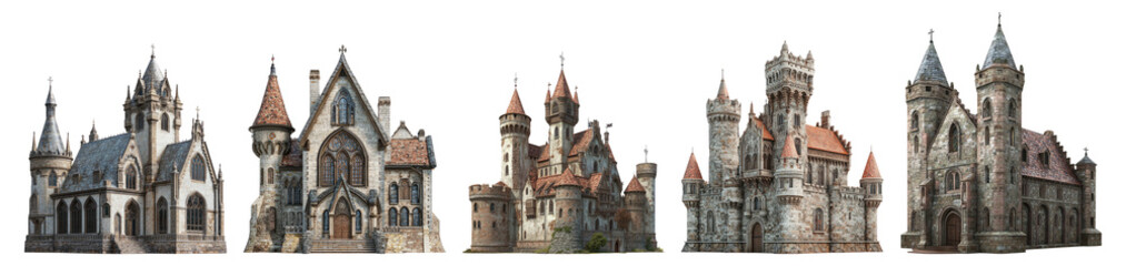 Fototapeta premium Collection of Fantasy Architecture with Unique Designs and Styles Isolated Transparent Background