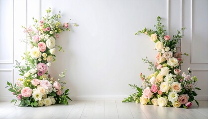 Soft and elegant photography background with pastel floral arrangements against a clean white wall, perfect for bridal, baby shower, or wellness-themes photography