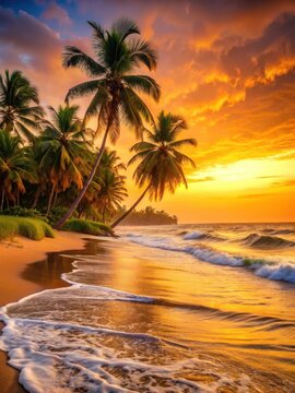 Vue de la plage de l'?le de R? au coucher du soleil avec des vagues et des palmiers