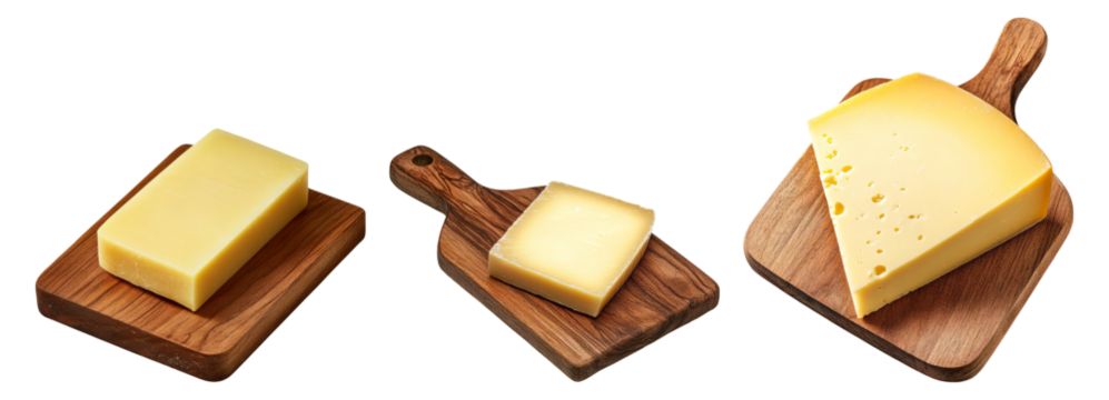 Variety of Yellow Cheese on Wooden Cutting Boards Displayed Isolated Transparent Background