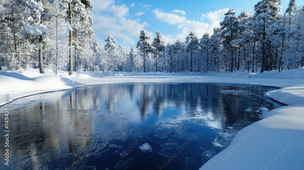 Poster frozen lake surrounded by snow-covered trees in a quiet winter forest, crisp clear ice surface with 