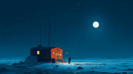 Astronaut stands outside a red Mars outpost under a bright full moon, bathed in artificial light and surrounded by a frozen alien landscape.