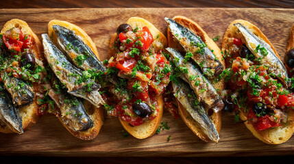 Delicious sardine bruschetta appetizer recipe with tomato olive relish on toasted bread slices food photography