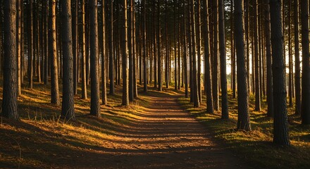 Fototapeta premium Walking Path Through a Dense Forest with Sunlight Filtering Through Trees