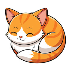 A small, orange and white kitten sleeps peacefully curled up  a white background