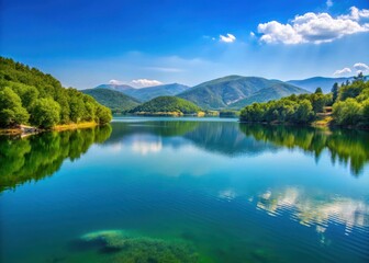 Serene landscape with a lake in Karditsa surrounded by mountains and trees