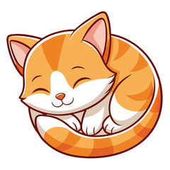 A small, orange and white kitten sleeps peacefully curled up  a white background