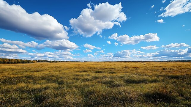 clouds in a blue sky over a grassy field with trees in the distance