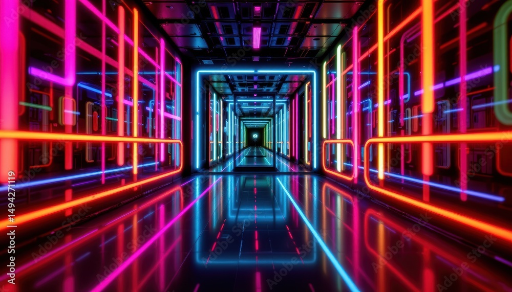 Wall mural futuristic neon tunnel with reflection and vibrant lights creating a colorful abstract space