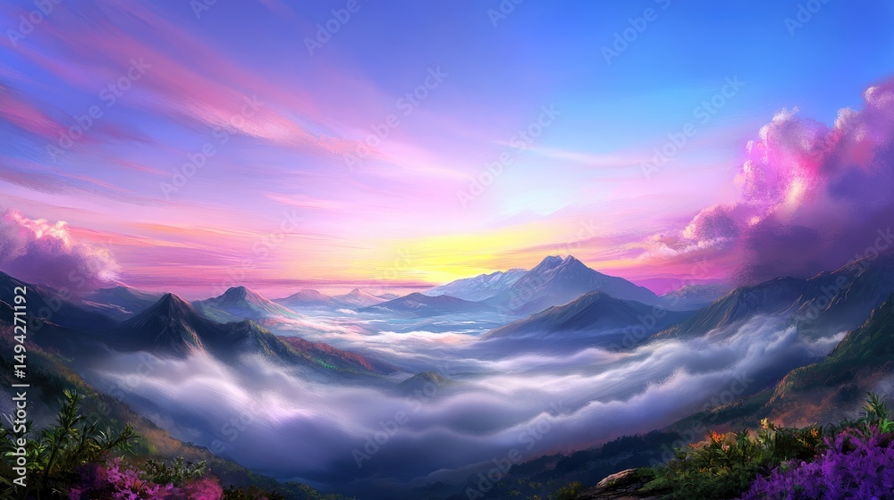 Poster misty mountain range at dawn with layers of fog drifting between peaks, soft pastel sky colors and s