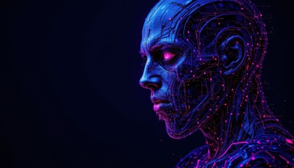Futuristic Portrait of a Human Figure with Neon Lights and Digital Patterns Against Dark Background