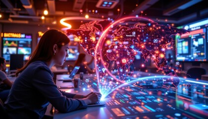 Woman Engaged in Digital Analytics with Global Connectivity Visualization and Data Insights in Modern Workspace Environment