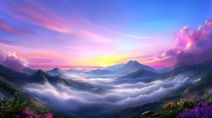 Obraz premium Misty mountain range at dawn with layers of fog drifting between peaks, soft pastel sky colors and serene natural atmosphere