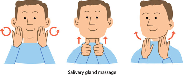 耳下腺、舌下腺、顎下腺、唾液腺のマッサージ方法のベクターイラスト


