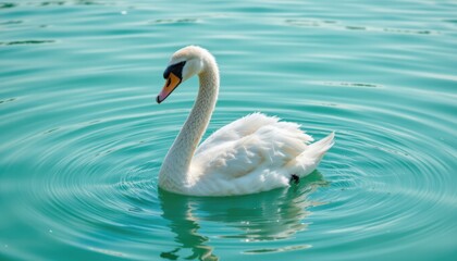 Obraz premium Graceful White Swan Swimming in Tranquil Blue Waters with Gentle Ripples and Reflection