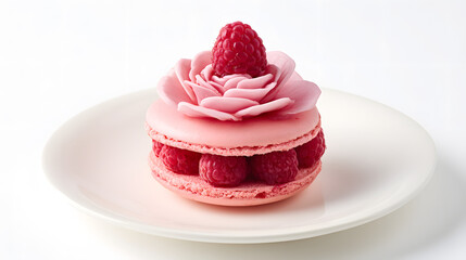 Elegant Rose-Flavored Macaron with Raspberry Garnish on a White Plate