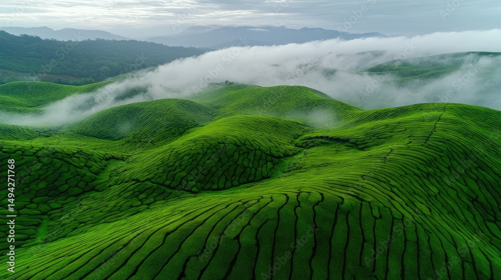 Poster Rolling fields of green tea plantations under a misty early morning sky, neat rows creating natural patterns and calm atmosphere