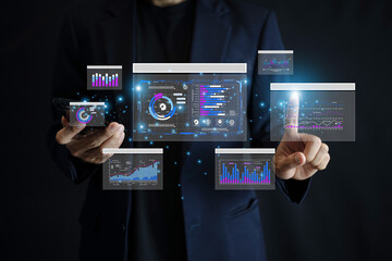 Data analysis concept. Businessman use AI technology for data analysis to detect fraud and secure financial transactions in real-time environments.