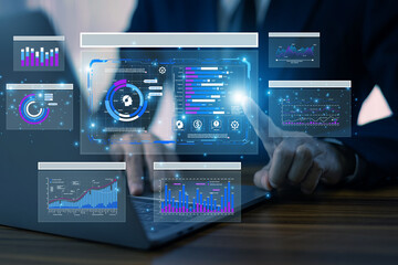 Businessman use AI technology for data analysis to improve product innovation based on user...
