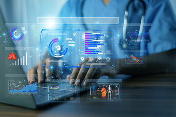 Doctor using AI-powered health data dashboard to monitor patient analytics, medical statistics, and clinical decision support in real time.