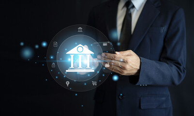 Smart businessman using AI technology for secure digital banking, financial transactions, and advanced fintech innovation on mobile device.